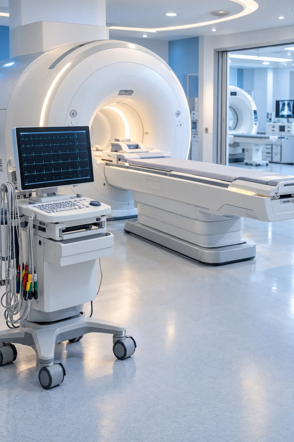 MRI scanner and clinical ECG equipment in a modern diagnostic imaging room